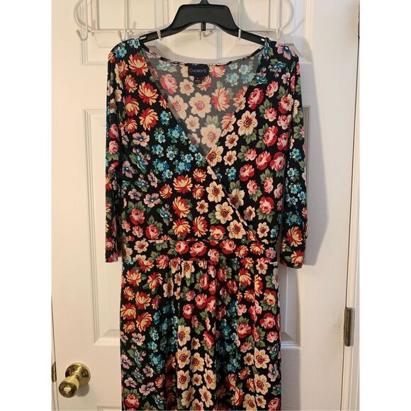 CURATIONS MAXI DRESS BOHO WRAP FRONT V NECK 3/4 SLEEVES BANDED WAIST SZ MED - Picture 2 of 14
